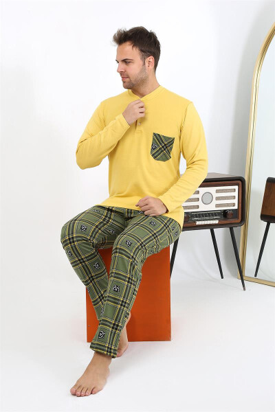 Men's long-sleeved, yellow cotton pajama set. - 12