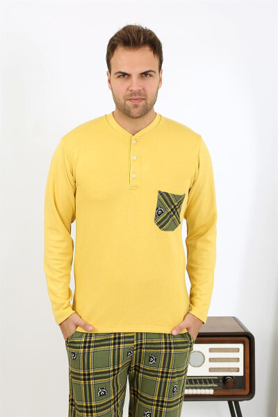 Men's long-sleeved, yellow cotton pajama set. - 13