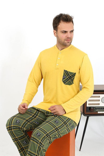 Men's long-sleeved, yellow cotton pajama set. - 14