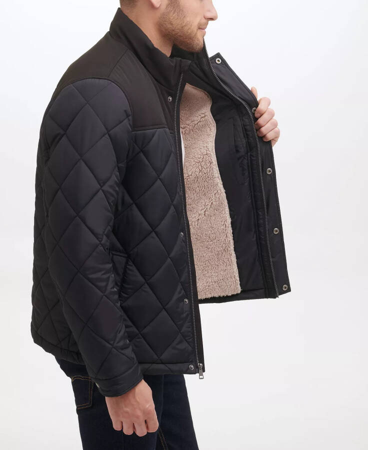 Men's Mixed Media Diamond Quilt with Faux Sherpa Lining Coat Black - 2