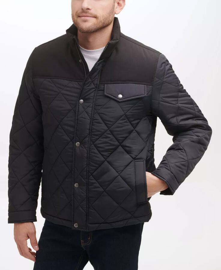 Men's Mixed Media Diamond Quilt with Faux Sherpa Lining Coat Black - 3