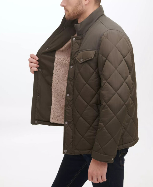 Men's Mixed Media Diamond Quilt with Faux Sherpa Lining Coat Olive - 2