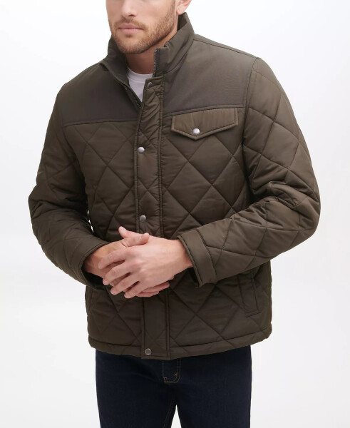 Men's Mixed Media Diamond Quilt with Faux Sherpa Lining Coat Olive - 3