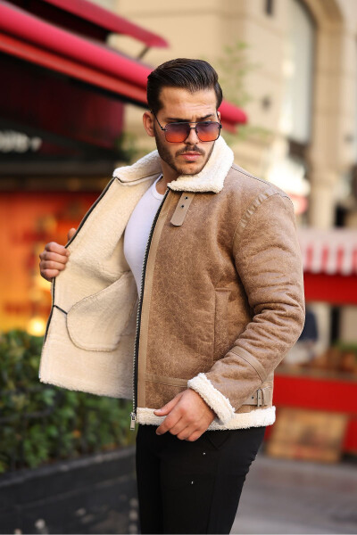 Men's Napa leather, full fur lined, high quality, slim fit, cream coat & jacket - 1