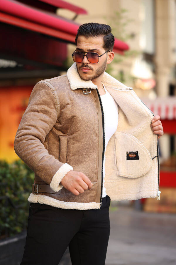 Men's Napa leather, full fur lined, high quality, slim fit, cream coat & jacket - 2