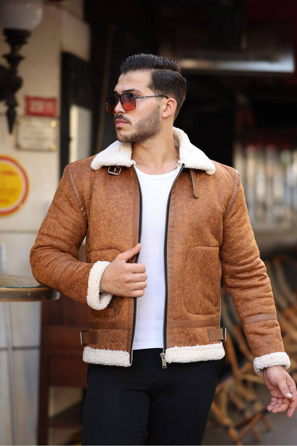 Men's Napa leather, fur lined, high quality slim fit brown jacket - 2