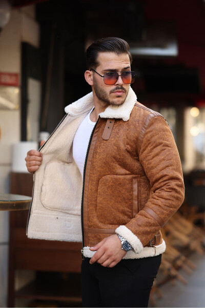 Men's Napa leather, fur lined, high quality slim fit brown jacket - 3