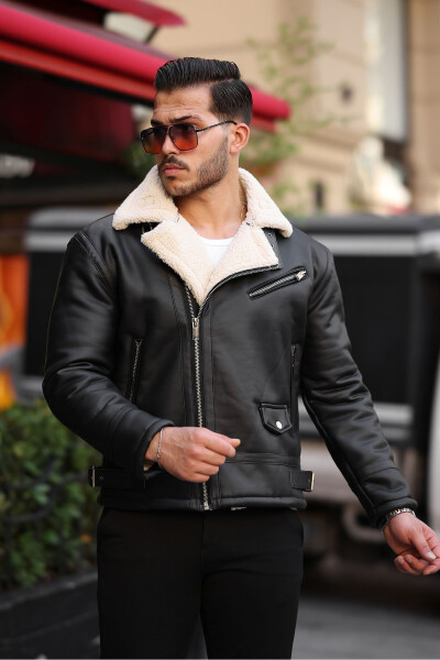 Men's napa leather jacket, zipper closure, full fur lining, slim fit, black-cream. - 1