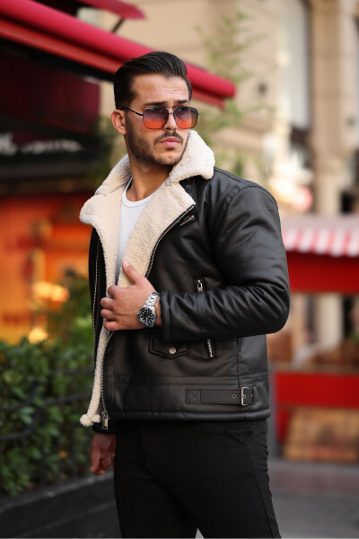 Men's napa leather jacket, zipper closure, full fur lining, slim fit, black-cream. - 2