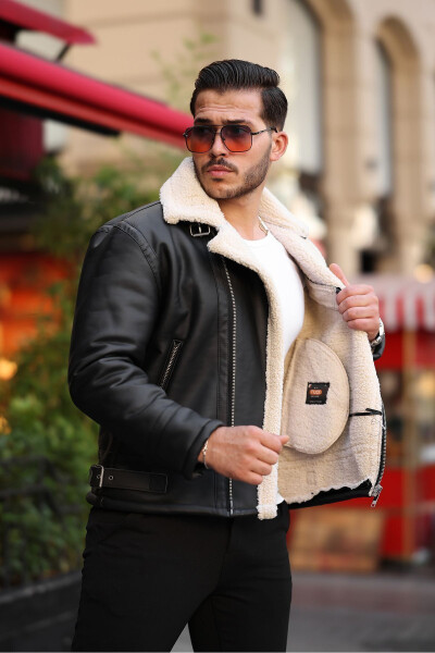 Men's napa leather jacket, zipper closure, full fur lining, slim fit, black-cream. - 3