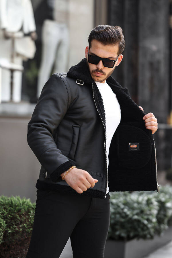 Men's Napa leather lined, full fur, high quality slim fit black coat & jacket - 1