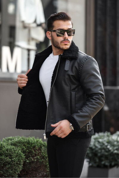 Men's Napa leather lined, full fur, high quality slim fit black coat & jacket - 2