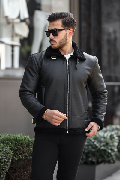 Men's Napa leather lined, full fur, high quality slim fit black coat & jacket - 3