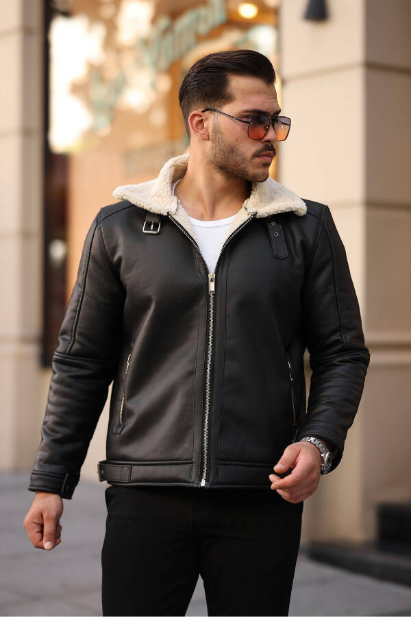 Men's Napa leather lined full fur, slim fit black-cream jacket. - 3