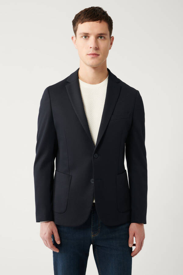 Men's Navy Blazer, Single Breasted, Double Vent, Unlined, Knit, Slim Fit, B004001 - 3