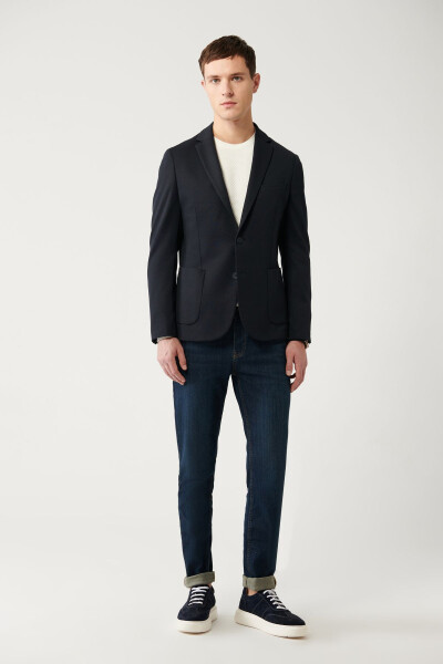 Men's Navy Blazer, Single Breasted, Double Vent, Unlined, Knit, Slim Fit, B004001 - 5