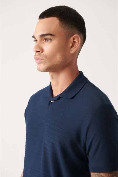 Men's Navy Blue 100% Cotton Jacquard Polo Collar Regular Fit T-shirt A31y1128 - 12