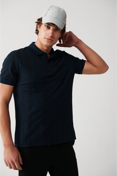 Men's Navy Blue 100% Cotton Polo Collar Ribbed Regular Fit T-shirt A31y1192 - 11