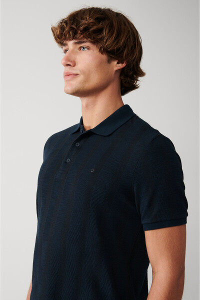 Men's Navy Blue 100% Cotton Polo Collar Ribbed Regular Fit T-shirt A31y1192 - 12