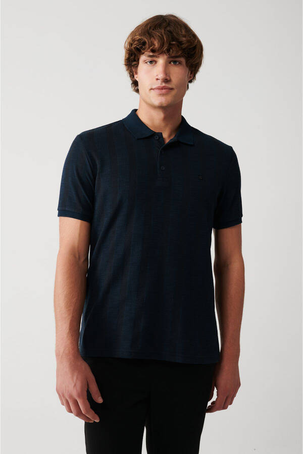 Men's Navy Blue 100% Cotton Polo Collar Ribbed Regular Fit T-shirt A31y1192 - 13