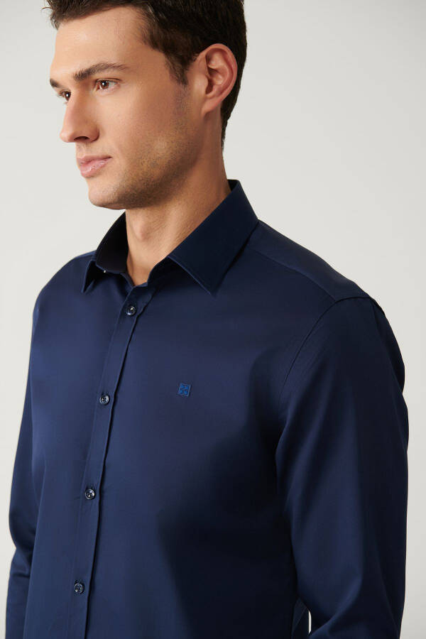 Men's Navy Blue Classic Collar 100% Cotton Satin Slim Fit Shirt B002006 - 2