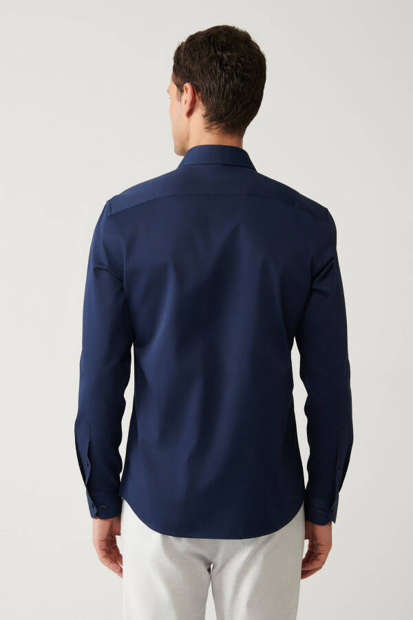 Men's Navy Blue Classic Collar 100% Cotton Satin Slim Fit Shirt B002006 - 4