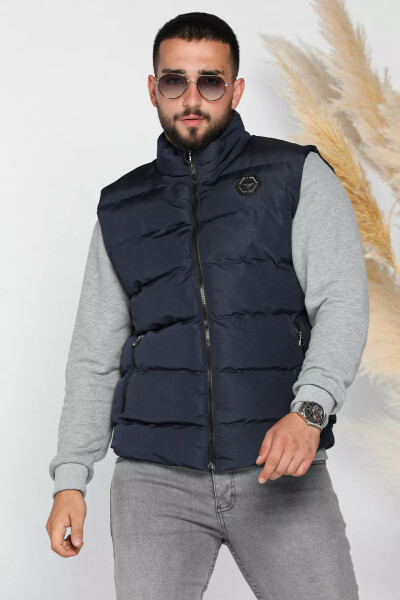 Men's Navy Blue Embroidered Puffer Vest - 2