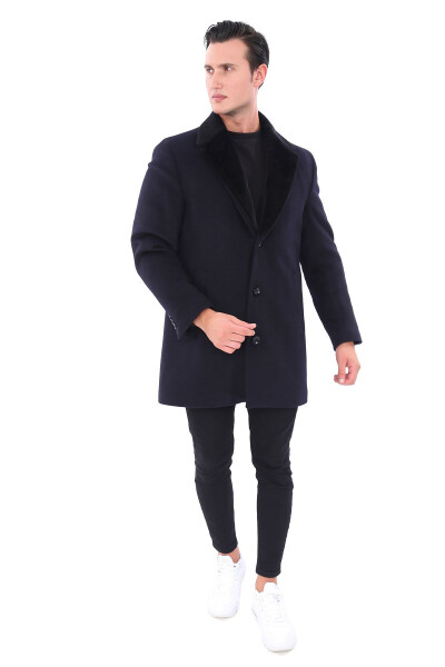 Men's Navy Blue Fur Collar Coat - 1