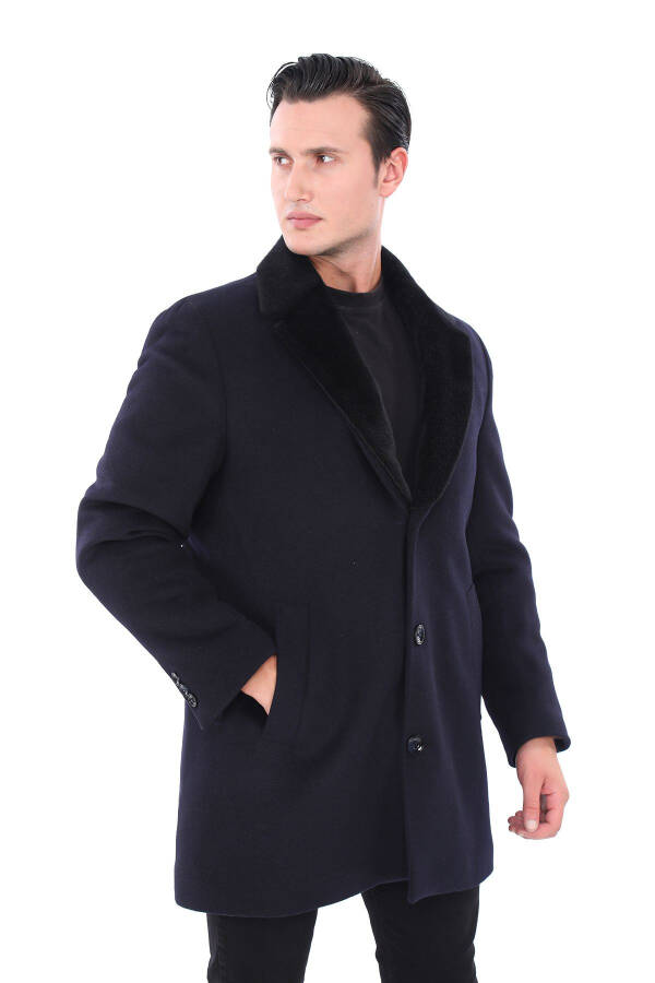 Men's Navy Blue Fur Collar Coat - 2