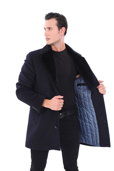 Men's Navy Blue Fur Collar Coat - 4