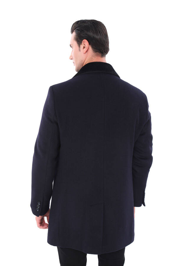 Men's Navy Blue Fur Collar Coat - 5