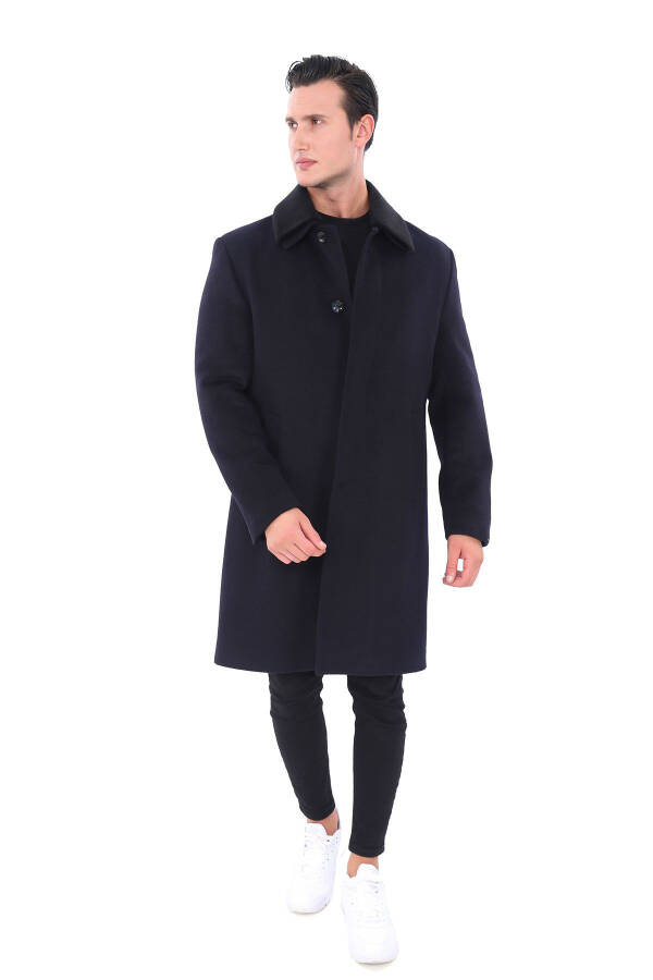 Men's Navy Blue Fur Collar Long Coat - 1