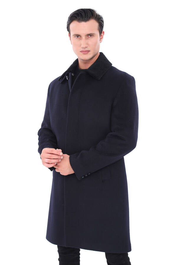 Men's Navy Blue Fur Collar Long Coat - 2