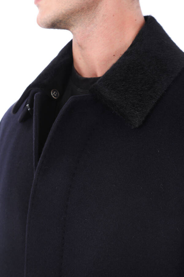 Men's Navy Blue Fur Collar Long Coat - 3