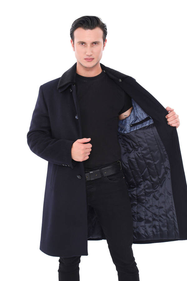 Men's Navy Blue Fur Collar Long Coat - 4