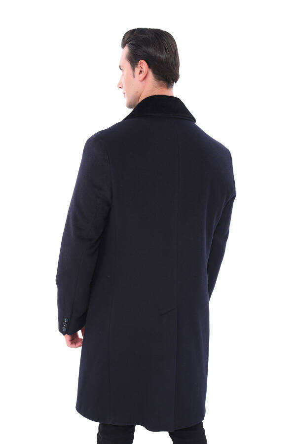 Men's Navy Blue Fur Collar Long Coat - 5