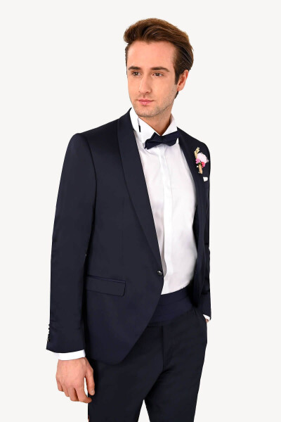 Men's Navy Blue Groom Suit with Shawl Collar - 8