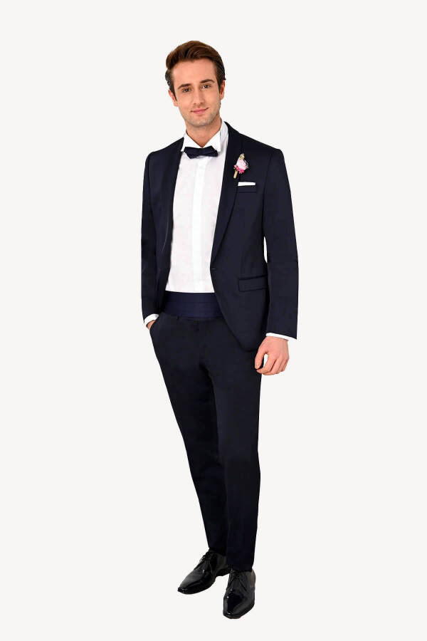 Men's Navy Blue Groom Suit with Shawl Collar - 1