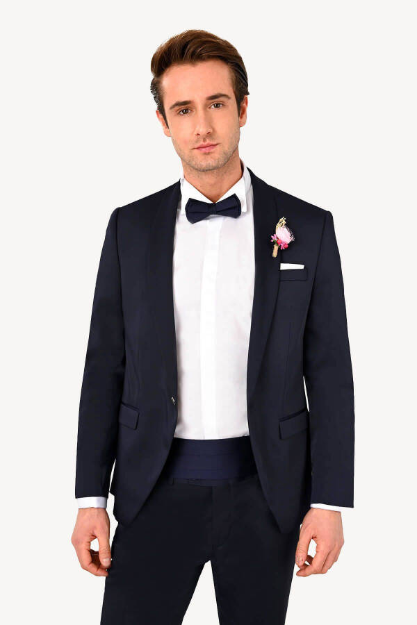 Men's Navy Blue Groom Suit with Shawl Collar - 2