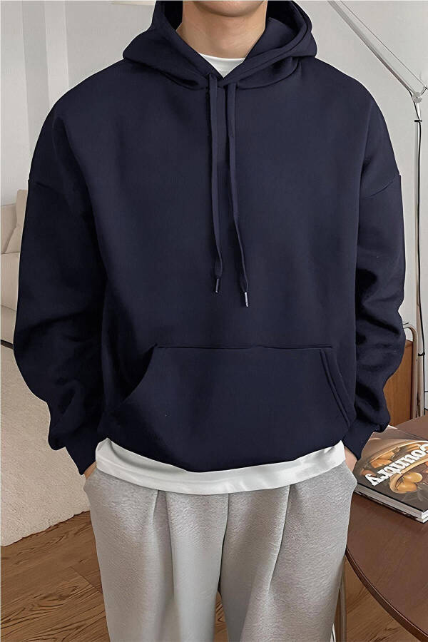 Men's Navy Blue Plain Hooded Oversize 3 Yarn Brushed Casual Loose Fit Hoodie Sweatshirt - 3