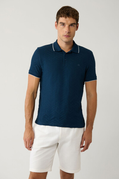 Men's Navy Blue Polo Neck Jacquard T-Shirt - 1