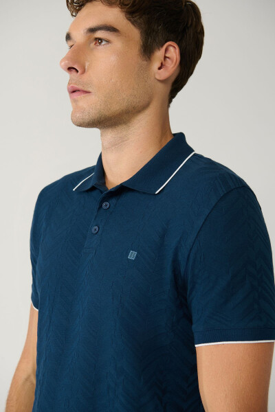 Men's Navy Blue Polo Neck Jacquard T-Shirt - 2