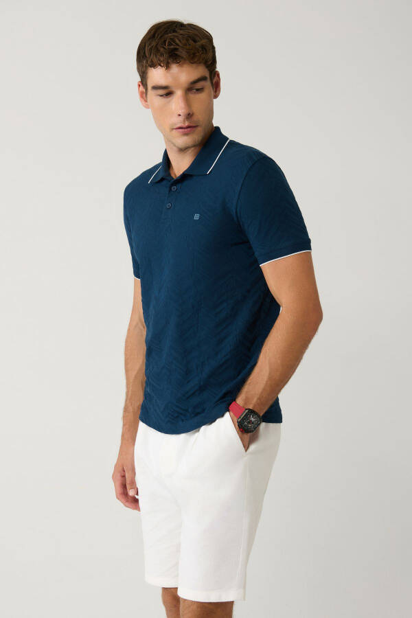 Men's Navy Blue Polo Neck Jacquard T-Shirt - 3