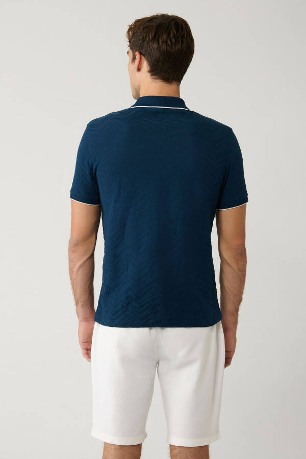 Men's Navy Blue Polo Neck Jacquard T-Shirt - 4