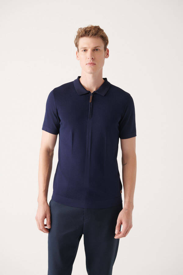 Men's Navy Blue Polo Neck Zippered Rayon Knit T-shirt - 1