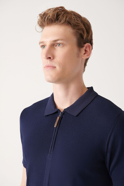 Men's Navy Blue Polo Neck Zippered Rayon Knit T-shirt - 2