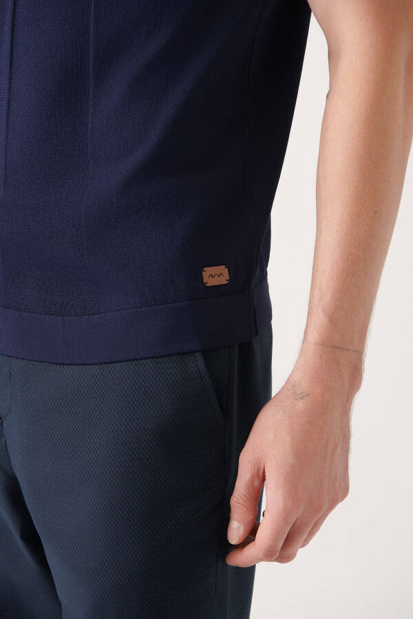 Men's Navy Blue Polo Neck Zippered Rayon Knit T-shirt - 3