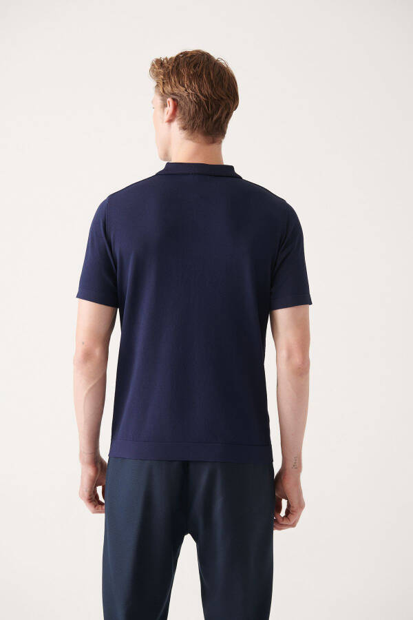 Men's Navy Blue Polo Neck Zippered Rayon Knit T-shirt - 4