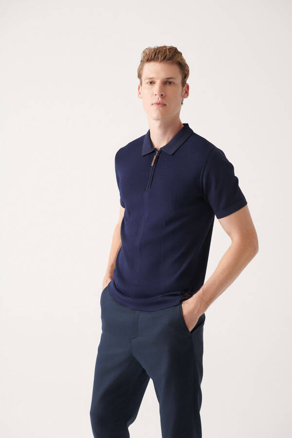 Men's Navy Blue Polo Neck Zippered Rayon Knit T-shirt - 5