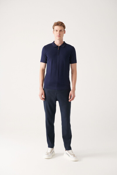 Men's Navy Blue Polo Neck Zippered Rayon Knit T-shirt - 6